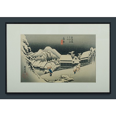 After UTAGAWA Hiroshige (1797-1858), 'Evening Snow, Kanbara' From the Series '53 Stations of The Tokaido' & 'Famous Views of the Sixty-odd Provinces, Iki Province'