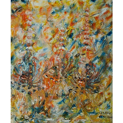 Two South-east Asian School Oil Paintings, Procession and Temples, & River Scene