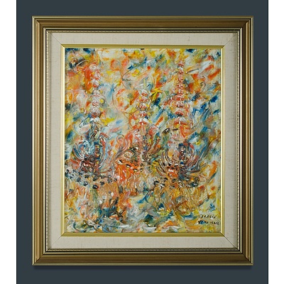 Two South-east Asian School Oil Paintings, Procession and Temples, & River Scene