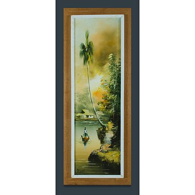 Two South-east Asian School Oil Paintings, Procession and Temples, & River Scene