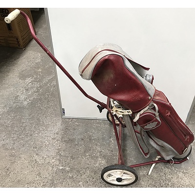 Lot Of Eight Golf Clubs With Bag And Trolley Cart