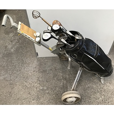 16 Golf Clubs With American Made Bag And Trolley Cart