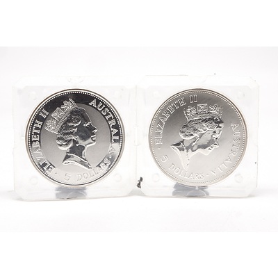 A 1990 and 1991 $5 Australian .999 Silver Kookaburra 1 oz Coins