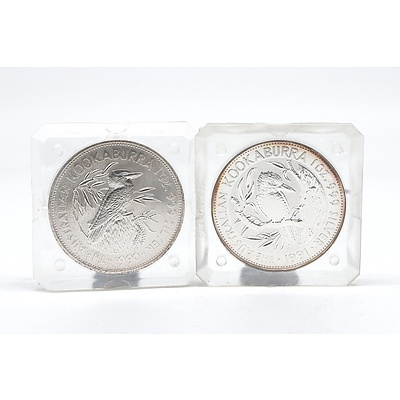 A 1990 and 1991 $5 Australian .999 Silver Kookaburra 1 oz Coins