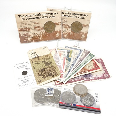 Bronze Roman Coin, Commonwealth of Australia Johnson/ Stone $1 Note, Melbourne Cup 50c Peices and More