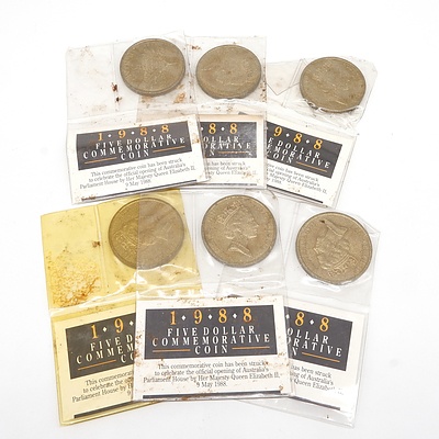 Six 1988 $5 Australian Commemorative Coins - Official Opening of Parliament