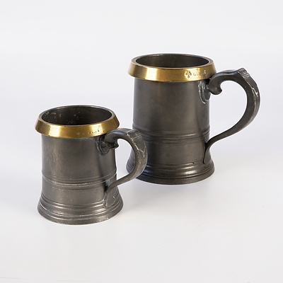 Two Victorian English Pewter Tankards with Brass Rims, Including Pint & Quart