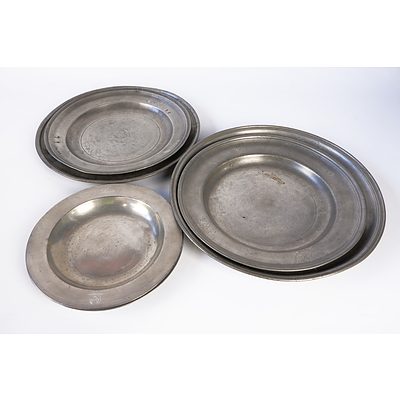 Six Antique Pewter Chargers and Platters