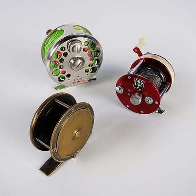 Abu 1750 A Baitcaster Fishing Reel, Redington GD 3/4 Fly Reel and Vintage Brass Reel