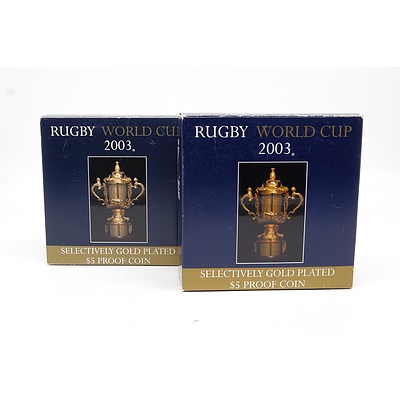 Two $5 2003 Rugby World Cup .999 Silver Gold Plated Coin