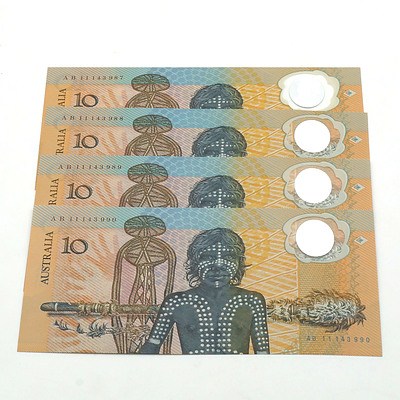 Four Consecutively Numbered 1988 Australian Bicentennial Commemorative $10 Notes AB11143987-AB11143990