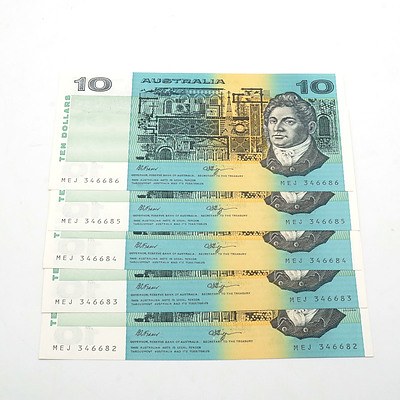 Five Consecutively Numbered Fraser/ Higgins $10 Notes, MEJ346682-MEJ346686