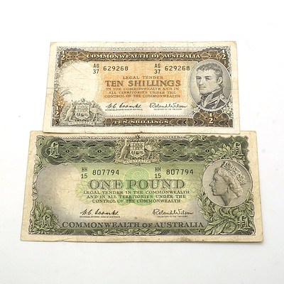 Commonwealth of Australia Coombs/Wilson One Pound Note HH15 807794 and Ten Shilling Note AG37 629268