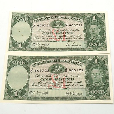  Two Consecutively Numbered Commonwealth of Australia Armitage/ McFarlane One Pound Notes, JO 605721- JO 605722