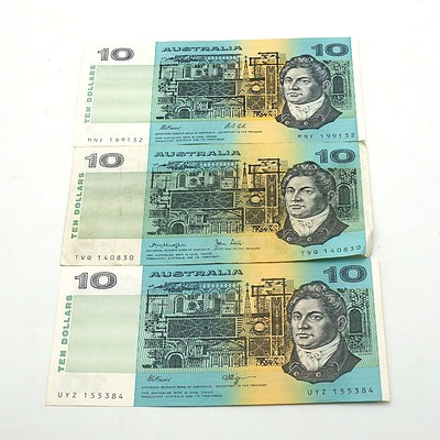 Three Australian $10 Notes, Fraser/Higgins UYZ155384, Fraser/Cole MNF199132 and Knight /Stone TVQ140830