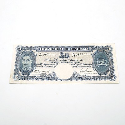 Commonwealth of Australia Armitage / McFarlane Five Pound Note, T78 087111