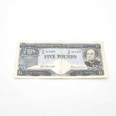 Commonwealth of Australia Coombs / Wilson Five Pound Note, TA57 917309