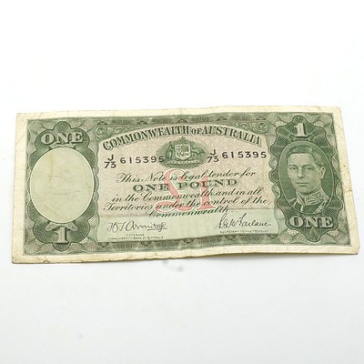 Commonwealth of Australia Armitage/McFarlane One Pound Banknote, J73 615395