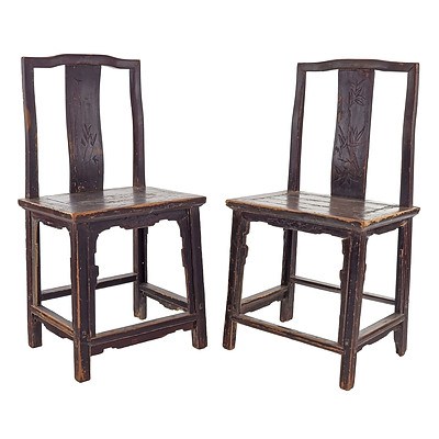 Pair of Antique Chinese Lacquered Elm Chairs, 19th Century