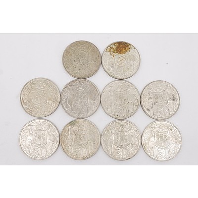 Ten Australian 1966 Silver Fifty Cent Coins