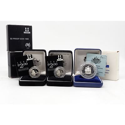 Two 1988 $2 925 Silver Proof Coins and 1985 $10 .925 Silver Proof Victoria Commemorative Issue 1835-1985