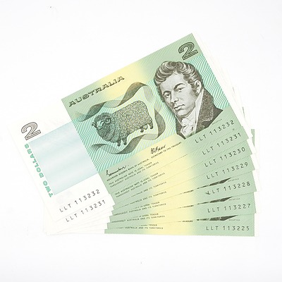 Seven Consecutively Numbered Australian Johnston/ Fraser $2 Notes, LLT113225-LLT113232