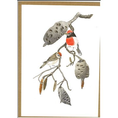 Painting:  "Red-capped robins on burned Banksia branch" by Leonie Paynter