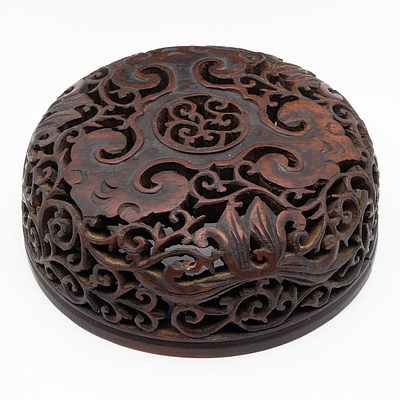 Antique Chinese Green Glazed Stoneware Jar with a Moulded Ruyi Border, Pierced and Carved Hardwood Stand and Cover