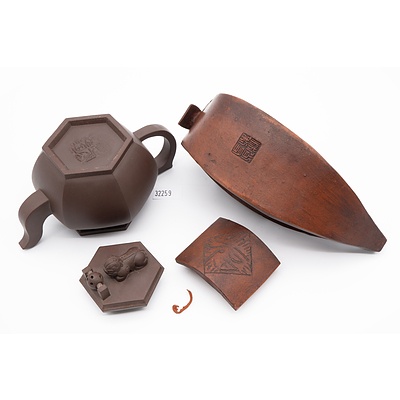 Two Chinese Yixing Pottery Teapots Including Boat Shaped