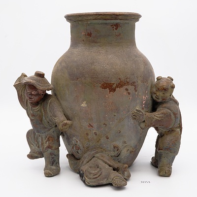 Antique Chinese Stoneware 'Boys' Vase, 19th Century or Earlier