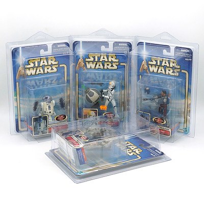 Four Hasbro 2002 Star Wars Attack of the Clones Collection One Figures, Including Jango Fett, C-3Po, R2-D2, and Clone Trooper, New Old Stock