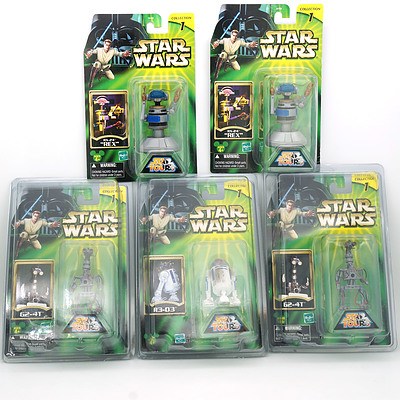 Five Hasbro / Disney 2002 Star Wars Star Tours Figures, Including R3-D3, G2-4T and Rex, New Old Stock