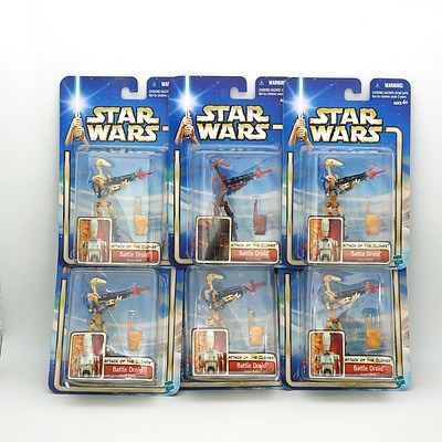 Six Hasbro 2002 Star Wars Attack of the Clones Collection Two Battle Droid, New Old Stock