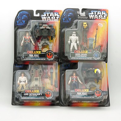 Four Kenner 1996 Star Wars Deluxe Han Solo (2), Luke Skywalker and Crowd Control Stormtrooper, New Old Stock