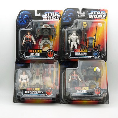 Four Kenner 1996 Star Wars Deluxe Han Solo (2), Luke Skywalker and Crowd Control Stormtrooper, New Old Stock