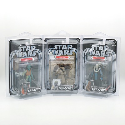 Three Hasbro 2004 Star Wars The Original Trilogy Collection Figures, Including Bib Fortuna, Greedo, and Tuskin Raider, New Old Stock
