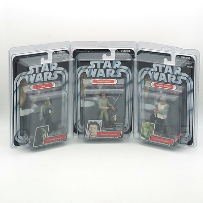 Three Hasbro 2004 Star Wars Catina Encounter Figures, Including Dannik Jerriko, Feltipern Trevagg and Myo New Old Stock