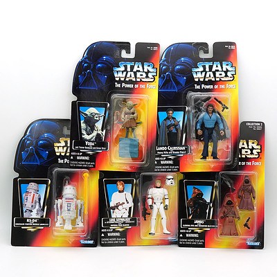 Five Kenner Star Wars The Power of the Force Figures on Red Card, Including Yoda and Landi Calrissian New Old Stock
