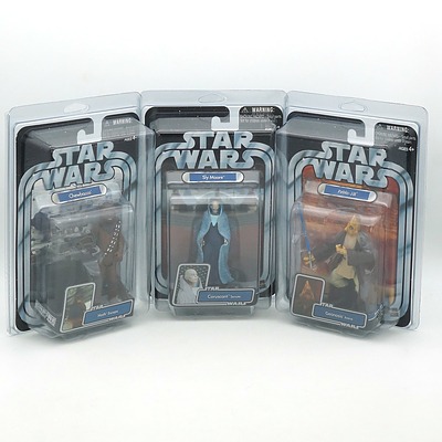 Three Hasbro 2004 Star Wars Figures, Including Pablo Jill, Sly Moore, and Chewbacca, New Old Stock