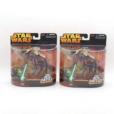 Two Hasbro 2005 Star Wars Revenge of the Sith Yoda Fly into Battle on a Can Cell, New Old Stock