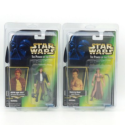 Two Kenner 1997 Star Wars The Power of the Force Princess Leia Organa as Jabba Prisoner and Bespin Han Foil Stickers, New Old Stock
