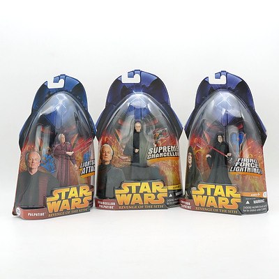 Hasbro 2005 Star Wars Revenge of the Sith Palpatine, Chancellor Palpatine and Emperor Palpatine, New Old Stock
