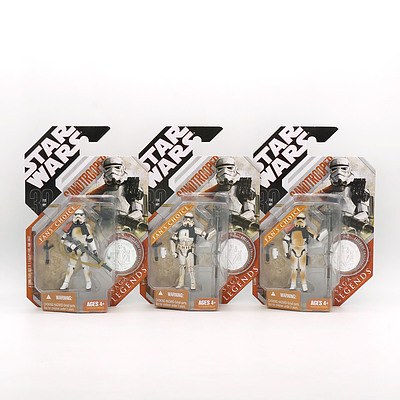 Three Hasbro 2007 Star Wars Saga Legends Sandtrooper with Exclusive Collector Coin, Three Variations, Fans Choice, New Old Stock