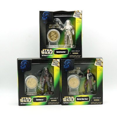 Three Kenner 1997 Star Wars The Power of the Force Limited Edition New Millennium Coin Collection, Snowtrooper, Han Solo and Chewbacca, New Old Stock