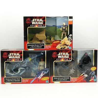 1999 Hasbro Star Wars Episode I Armoured Scout Tank, Gungan Scout Sub and Sith Attack Speeder, New Old Stock