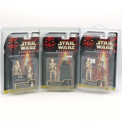 Five 1999 Hasbro Star Wars Episode I Figures, Including Anakin Skywalker, Queen Amidala, Darth Maul, Obi Wan Kenobi and Qui Gon Jinn all with Bonus Battle Droid, New Old Stock