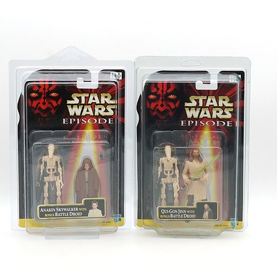 Five 1999 Hasbro Star Wars Episode I Figures, Including Anakin Skywalker, Queen Amidala, Darth Maul, Obi Wan Kenobi and Qui Gon Jinn all with Bonus Battle Droid, New Old Stock