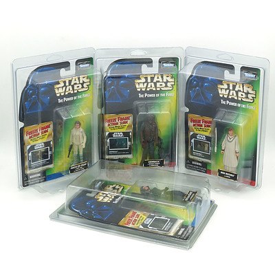 Four 1998 Kenner Star Wars The Power of the Force Figures with Freeze Frame Action Slide, Including Mon Mothma, Chewbacca, Death Star Trooper and Princess Leia Organa, New Old Stock