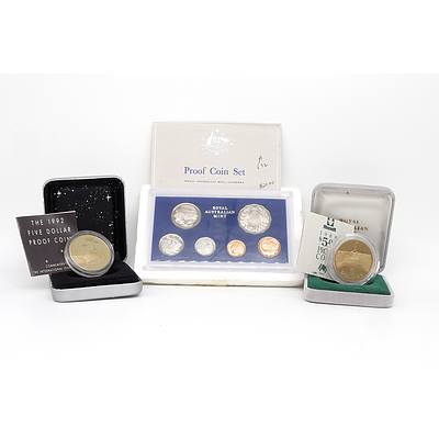 1975 Six Coin Proof Set, 1988 $5 Parliament House Proof Coin and 1992 $5 Year of Space Proof Coin