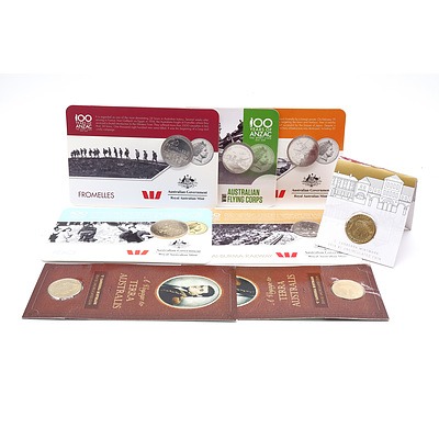 Five Carded Australian 20c and 25c Coins from the 100 Years of Anzac Series, Two Terra Australis Uncirculated $1 Coins and 2016 Australian Uncirculated $1 Coin